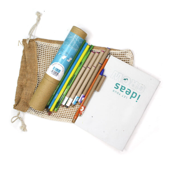 EcoMatic (5+5) Plantable Stationery Jute Bag - Eco Kit with Seed Pen Pencil Combo and Notepad in Netted Jute Bag
