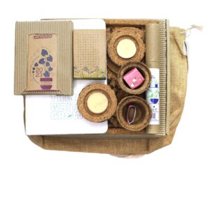 Sustainable Happiness Bag - Cork Gift Set with plantable items, coasters, and jute sling bag, promoting eco-friendly gifting.