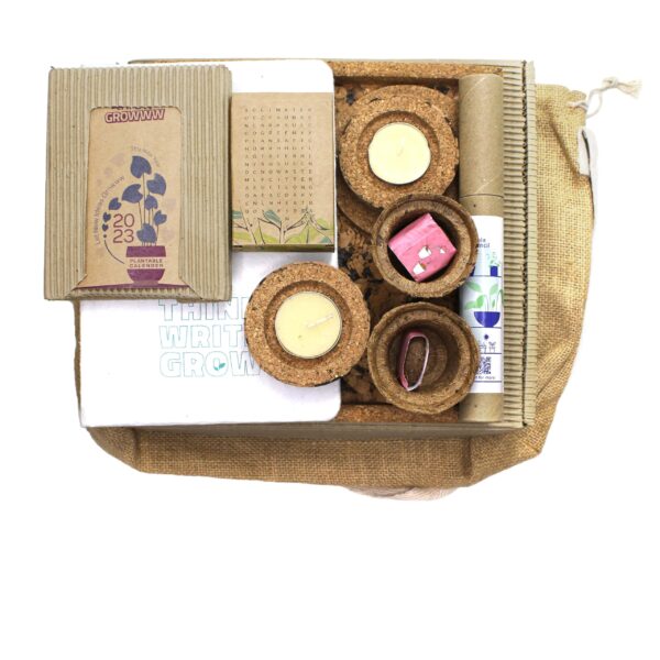 Sustainable Happiness Bag - Cork Gift Set with plantable items, coasters, and jute sling bag, promoting eco-friendly gifting.